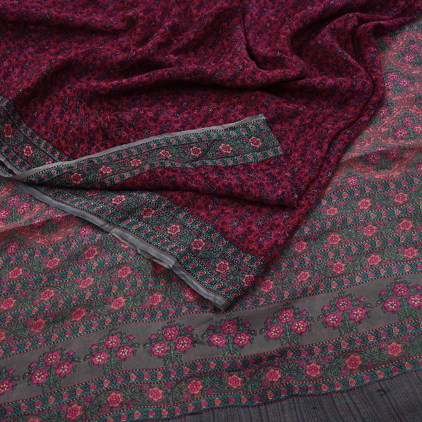Women Vintage Sari Pink & Brown Pure Chiffon Silk Printed Sarees Craft Fabric Sewing 5Yd Soft Dress Making Crafting Quilting Upcycle Used