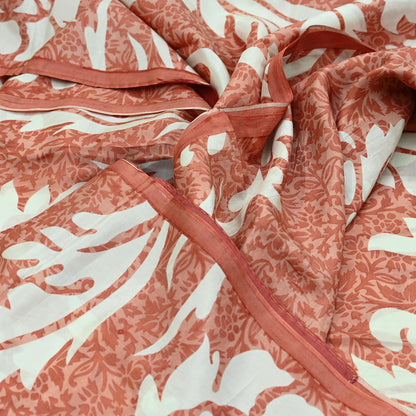 Indian Vintage Saree Peach & White Pure Silk Printed Sari 5yd Craft Fabric Sewing Floral Soft Wrap Sarong Quilting Used