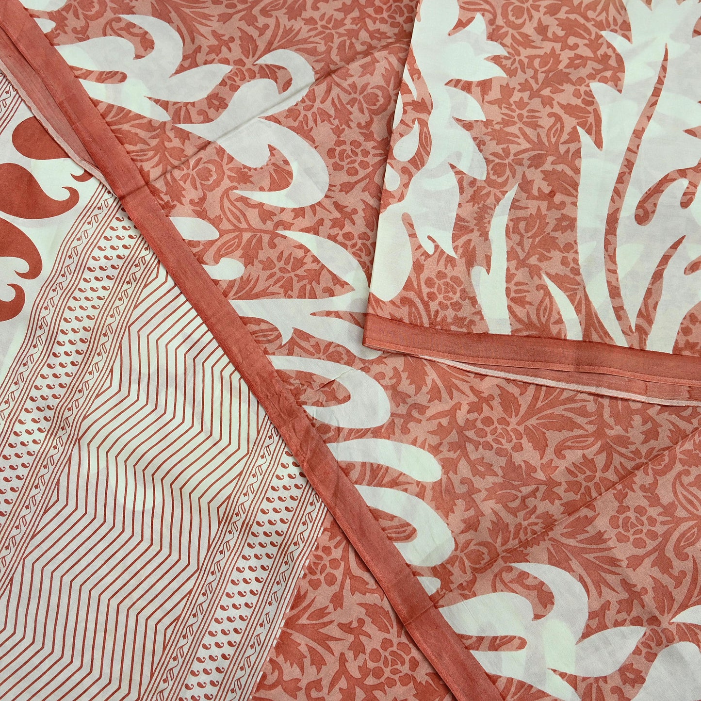 Indian Vintage Saree Peach & White Pure Silk Printed Sari 5yd Craft Fabric Sewing Floral Soft Wrap Sarong Quilting Used