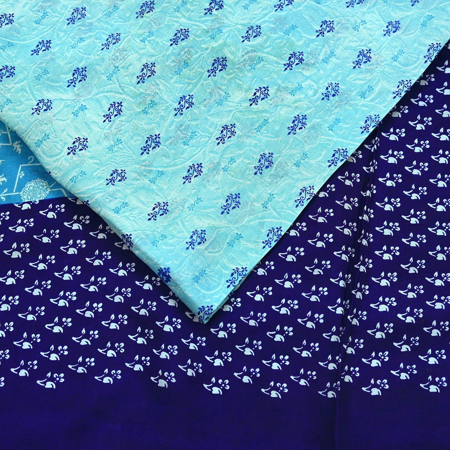 Indian Vintage Sari Blue Pure Silk Printed Sarees 6yd Sewing Craft Fabric Soft Dress Making Wrap Floral Upcycle Quilting Crafting