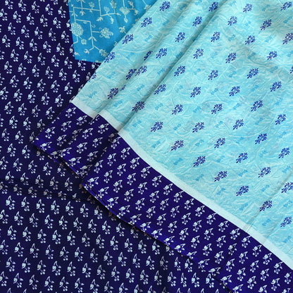 Indian Vintage Sari Blue Pure Silk Printed Sarees 6yd Sewing Craft Fabric Soft Dress Making Wrap Floral Upcycle Quilting Crafting