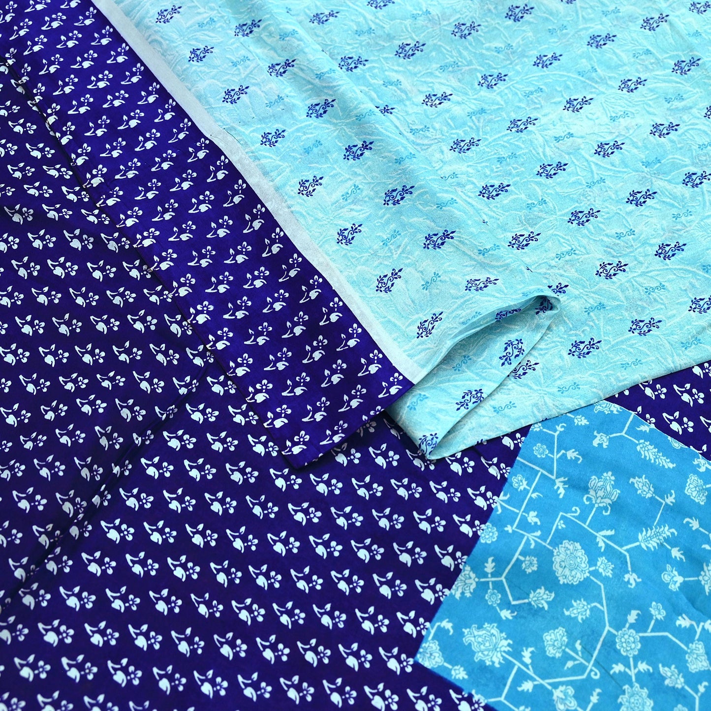 Indian Vintage Sari Blue Pure Silk Printed Sarees 6yd Sewing Craft Fabric Soft Dress Making Wrap Floral Upcycle Quilting Crafting