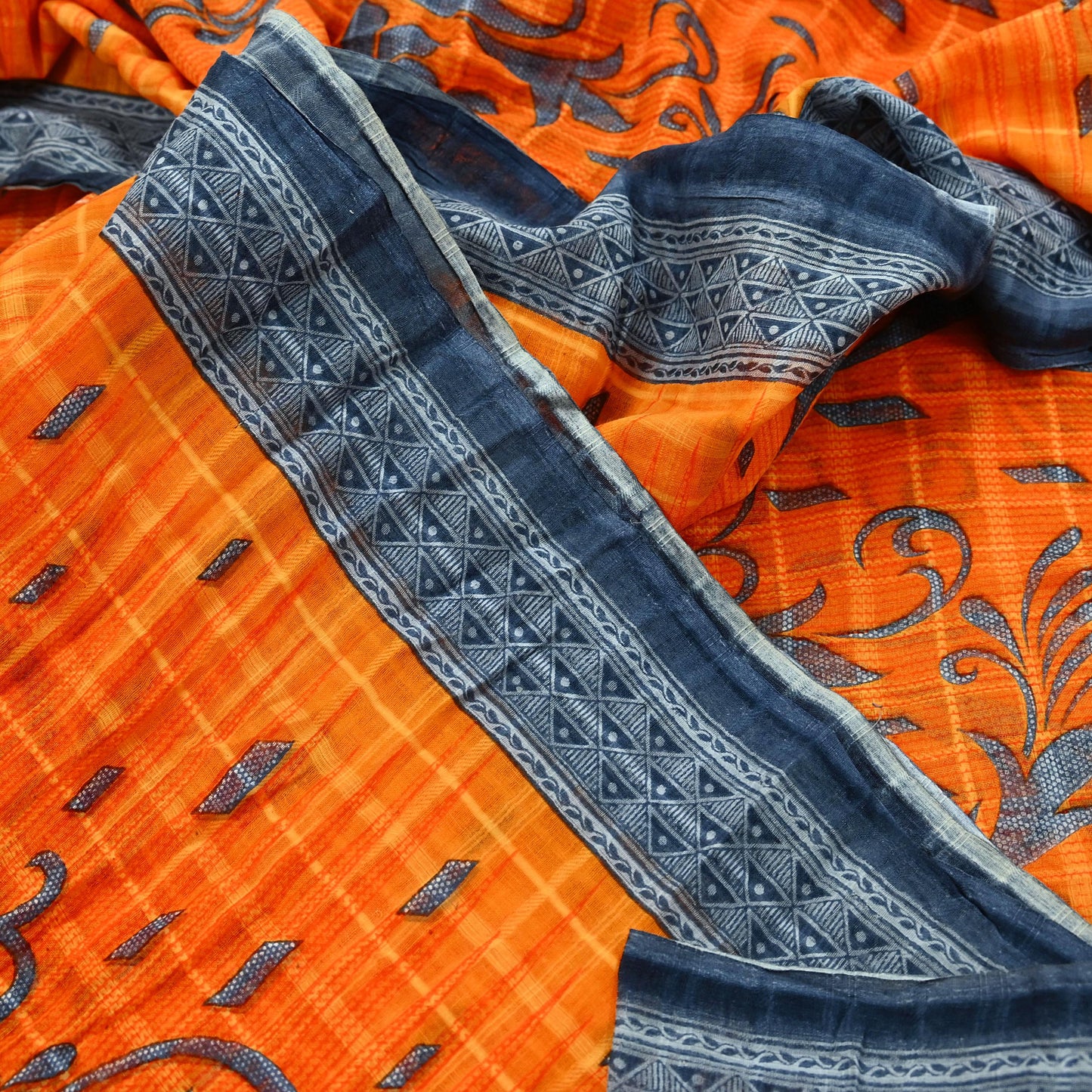 Indian Vintage Sari Gray & Orange Printed Pure Cotton Saree Craft Fabric Soft Floral 5Yd Sarong Wrap Boho Kimono Soft Dress making Quilting