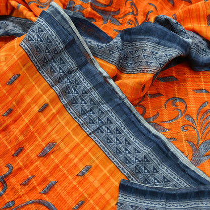 Indian Vintage Sari Gray & Orange Printed Pure Cotton Saree Craft Fabric Soft Floral 5Yd Sarong Wrap Boho Kimono Soft Dress making Quilting