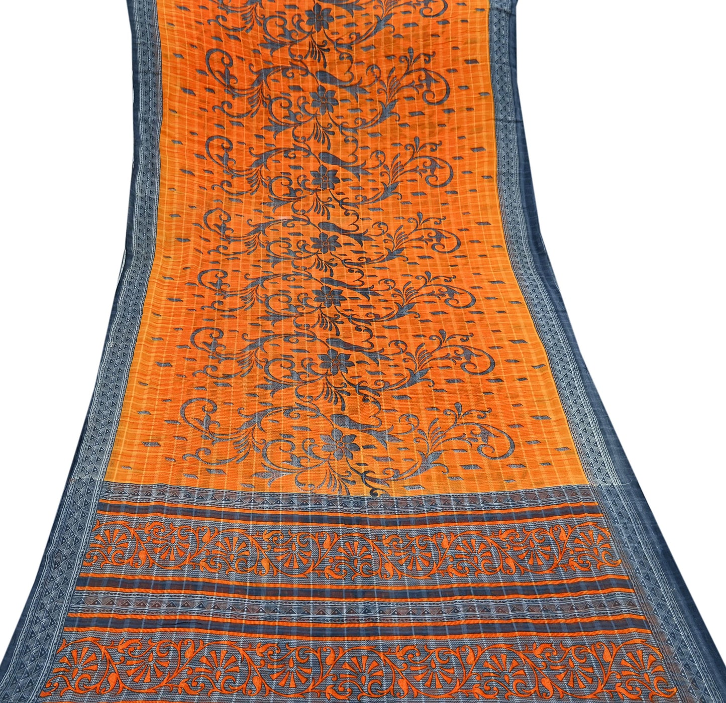 Indian Vintage Sari Gray & Orange Printed Pure Cotton Saree Craft Fabric Soft Floral 5Yd Sarong Wrap Boho Kimono Soft Dress making Quilting