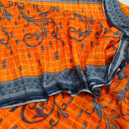 Indian Vintage Sari Gray & Orange Printed Pure Cotton Saree Craft Fabric Soft Floral 5Yd Sarong Wrap Boho Kimono Soft Dress making Quilting