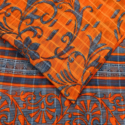 Indian Vintage Sari Gray & Orange Printed Pure Cotton Saree Craft Fabric Soft Floral 5Yd Sarong Wrap Boho Kimono Soft Dress making Quilting