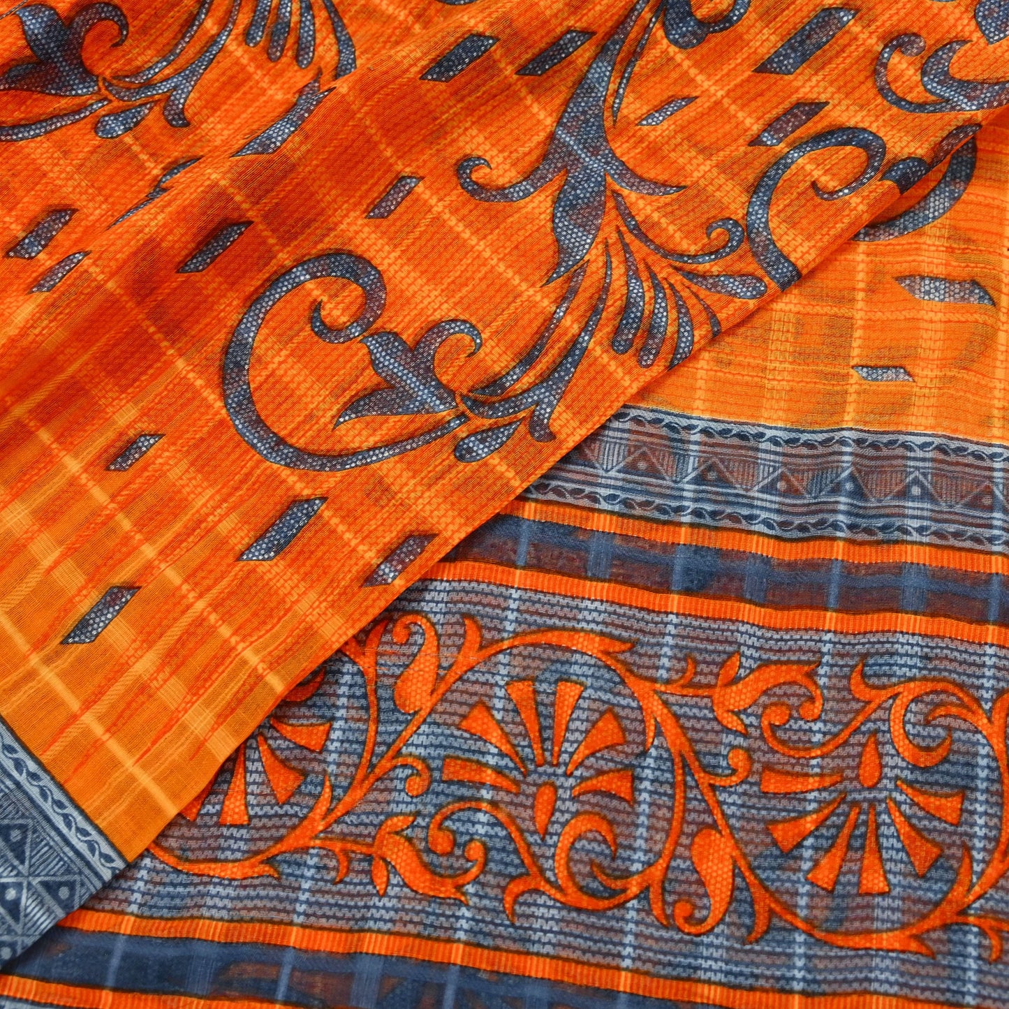 Indian Vintage Sari Gray & Orange Printed Pure Cotton Saree Craft Fabric Soft Floral 5Yd Sarong Wrap Boho Kimono Soft Dress making Quilting