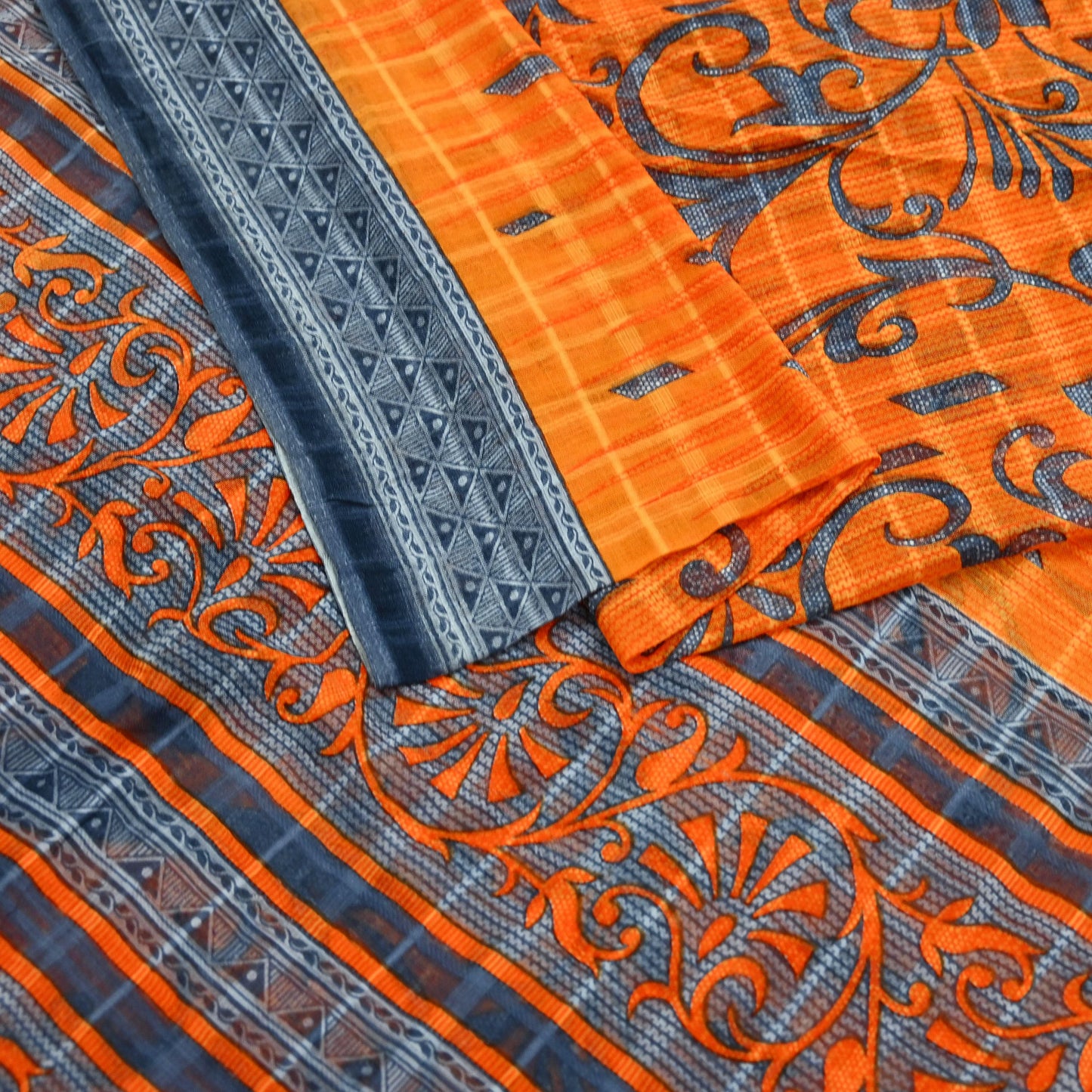 Indian Vintage Sari Gray & Orange Printed Pure Cotton Saree Craft Fabric Soft Floral 5Yd Sarong Wrap Boho Kimono Soft Dress making Quilting