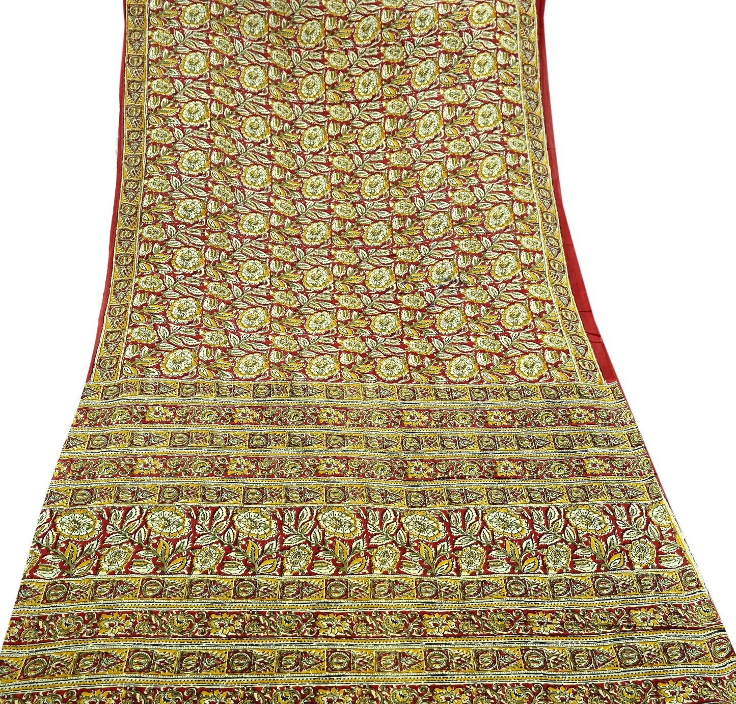 Indian Vintage Red Saree Block Printed Pure Cotton Sari Craft Fabric Soft 5Yd Sewing Sarong Wrap Boho Quilting Crafting Upcycle Dress making