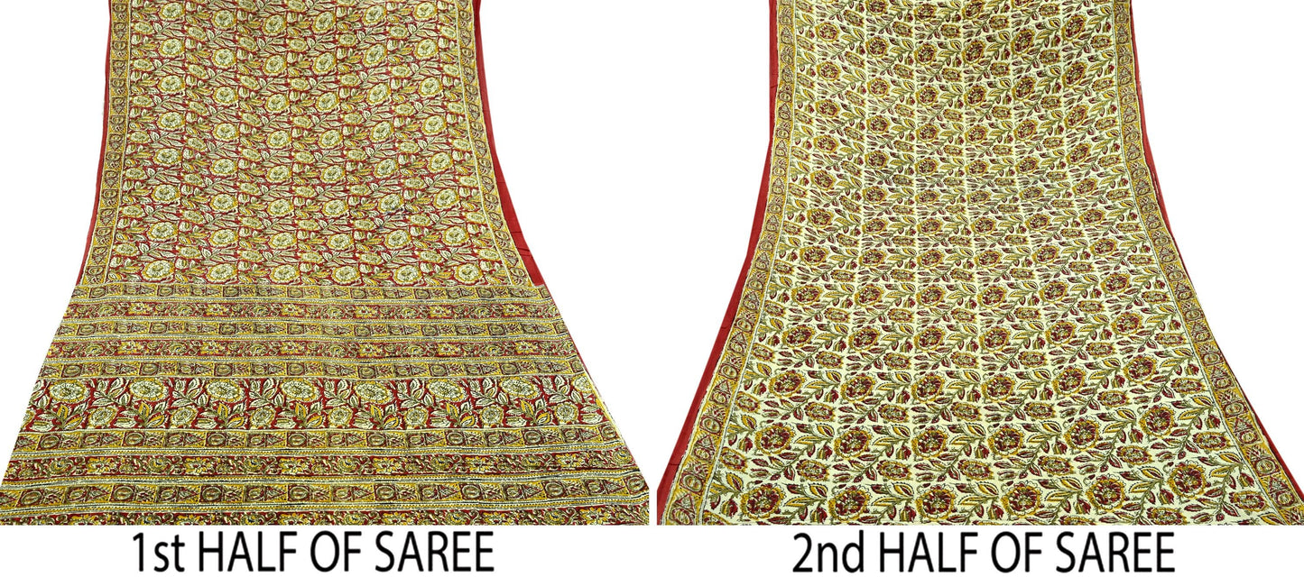 Indian Vintage Red Saree Block Printed Pure Cotton Sari Craft Fabric Soft 5Yd Sewing Sarong Wrap Boho Quilting Crafting Upcycle Dress making