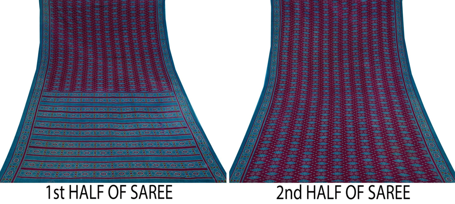 Indian Vintage Sari Maroon & Blue Printed Sarees Pure Cotton Craft Fabric Soft 5Yd Sewing Sarong Wrap Boho Floral Dress making Quilting