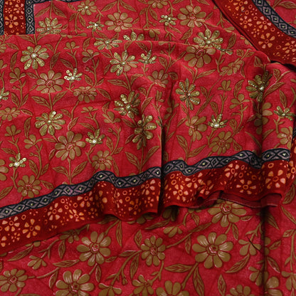 Indian Vintage Sari Red Pure Crepe Silk Hand Embroidered Sarees 5yd Sewing Craft Fabric Dress Making Floral Sequins Upcycle Quilting
