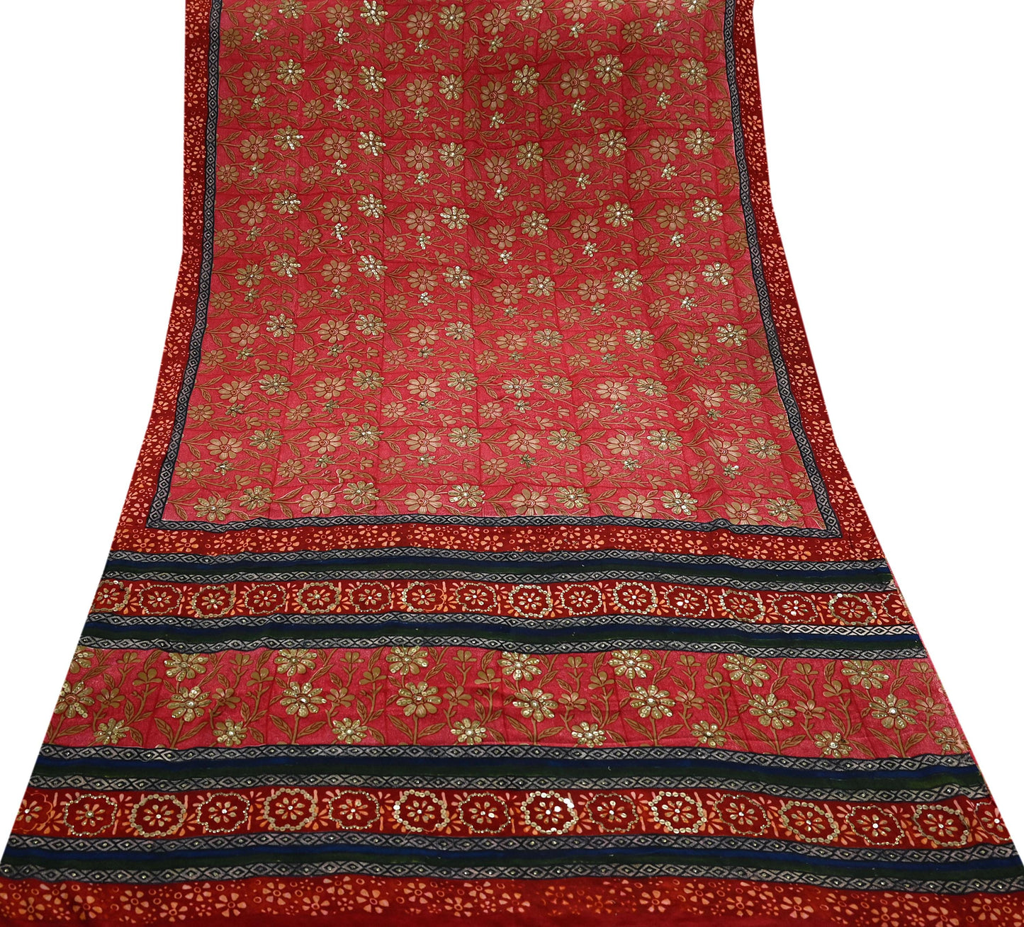 Indian Vintage Sari Red Pure Crepe Silk Hand Embroidered Sarees 5yd Sewing Craft Fabric Dress Making Floral Sequins Upcycle Quilting