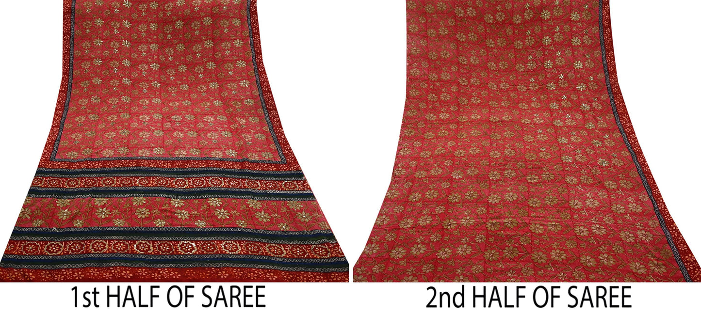 Indian Vintage Sari Red Pure Crepe Silk Hand Embroidered Sarees 5yd Sewing Craft Fabric Dress Making Floral Sequins Upcycle Quilting