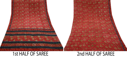Indian Vintage Sari Red Pure Crepe Silk Hand Embroidered Sarees 5yd Sewing Craft Fabric Dress Making Floral Sequins Upcycle Quilting