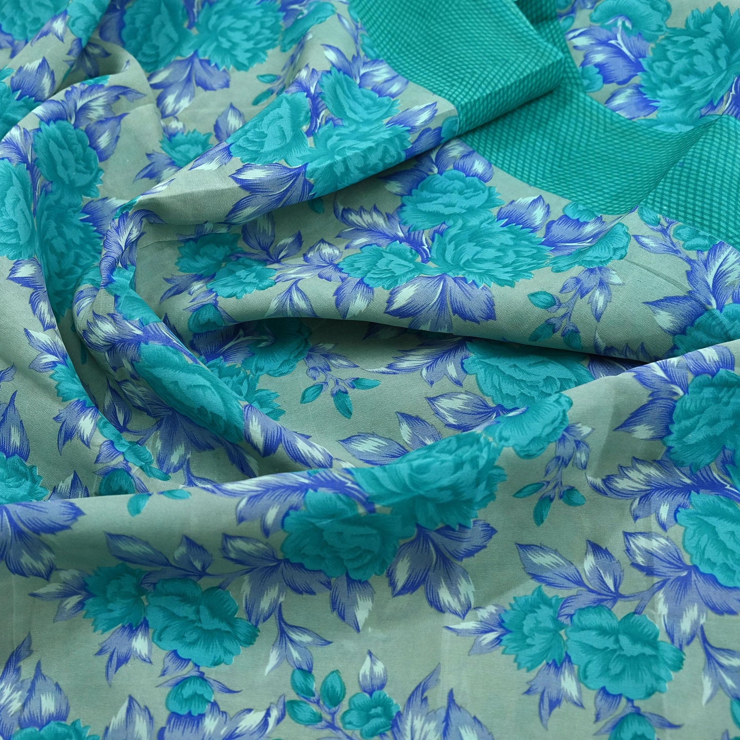 Indian Vintage Sari Green & Gray Pure Crepe Silk Printed Sarees 5yd Sewing Craft Fabric Wrap Upcycle Quilting Crafting Dress making