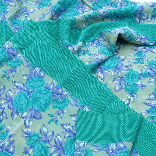 Indian Vintage Sari Green & Gray Pure Crepe Silk Printed Sarees 5yd Sewing Craft Fabric Wrap Upcycle Quilting Crafting Dress making