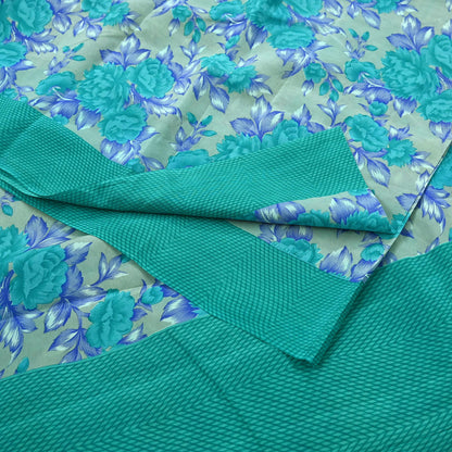 Indian Vintage Sari Green & Gray Pure Crepe Silk Printed Sarees 5yd Sewing Craft Fabric Wrap Upcycle Quilting Crafting Dress making