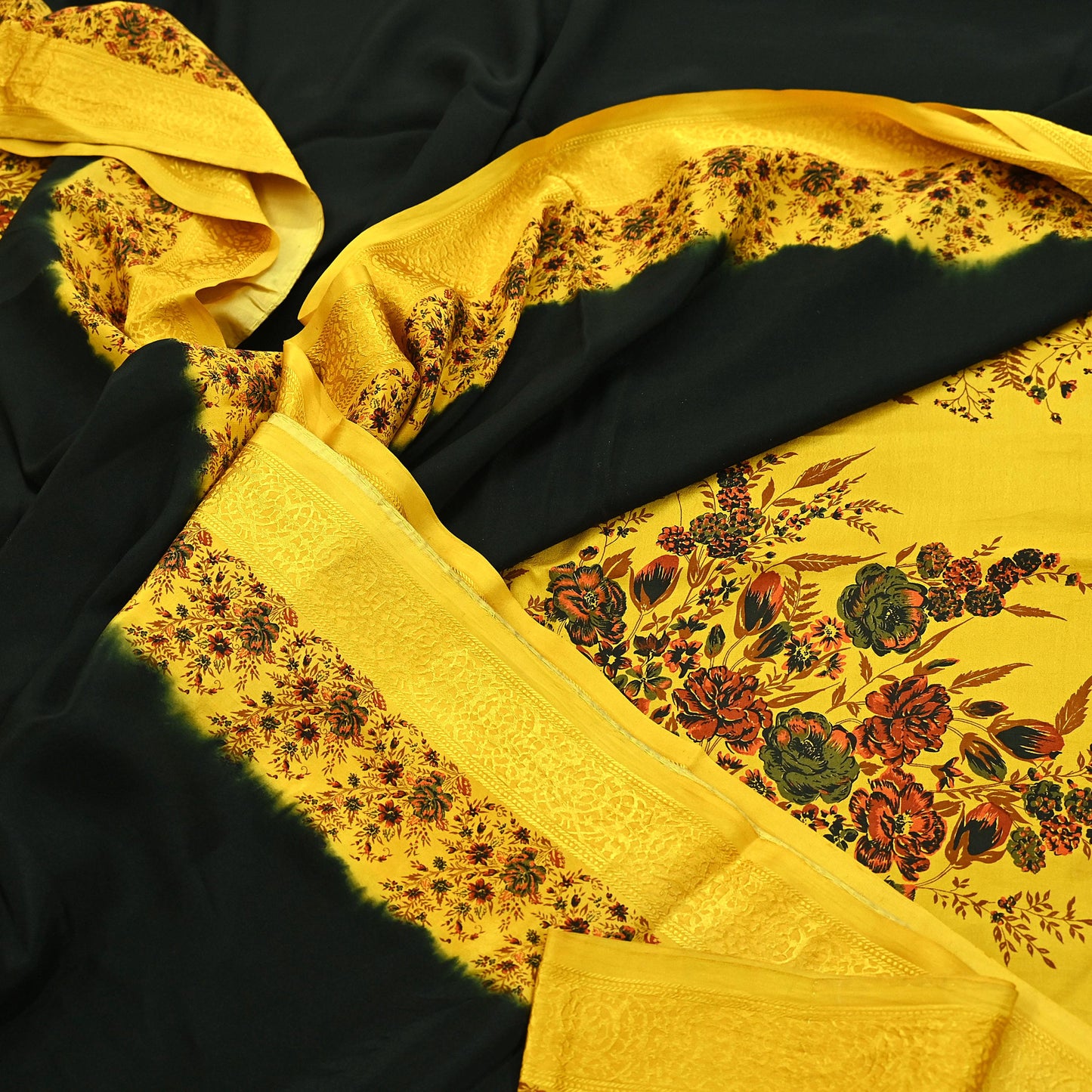 Indian Vintage Saree Yellow Pure Crepe Silk Printed Sari Fabric 5yd Sewing Floral Soft Craft Fabric Wrap Dress making Quilting Upcycle