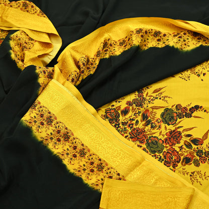 Indian Vintage Saree Yellow Pure Crepe Silk Printed Sari Fabric 5yd Sewing Floral Soft Craft Fabric Wrap Dress making Quilting Upcycle