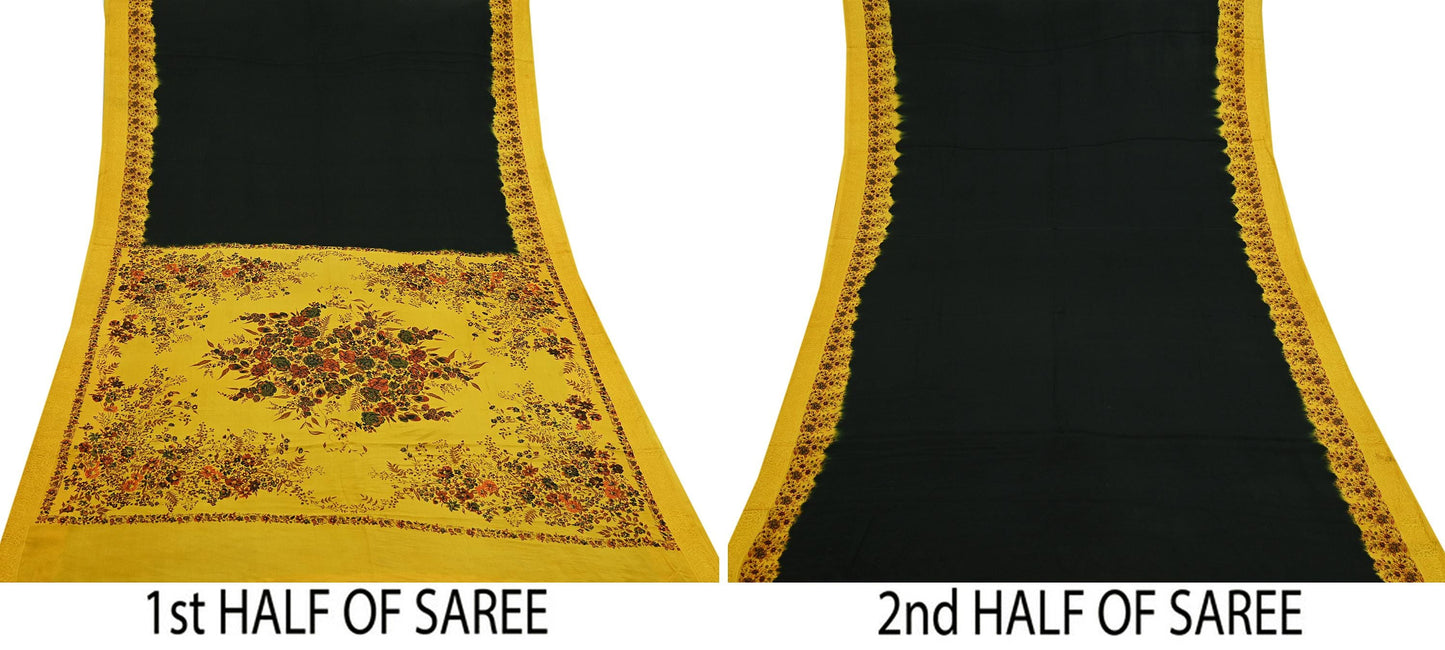 Indian Vintage Saree Yellow Pure Crepe Silk Printed Sari Fabric 5yd Sewing Floral Soft Craft Fabric Wrap Dress making Quilting Upcycle
