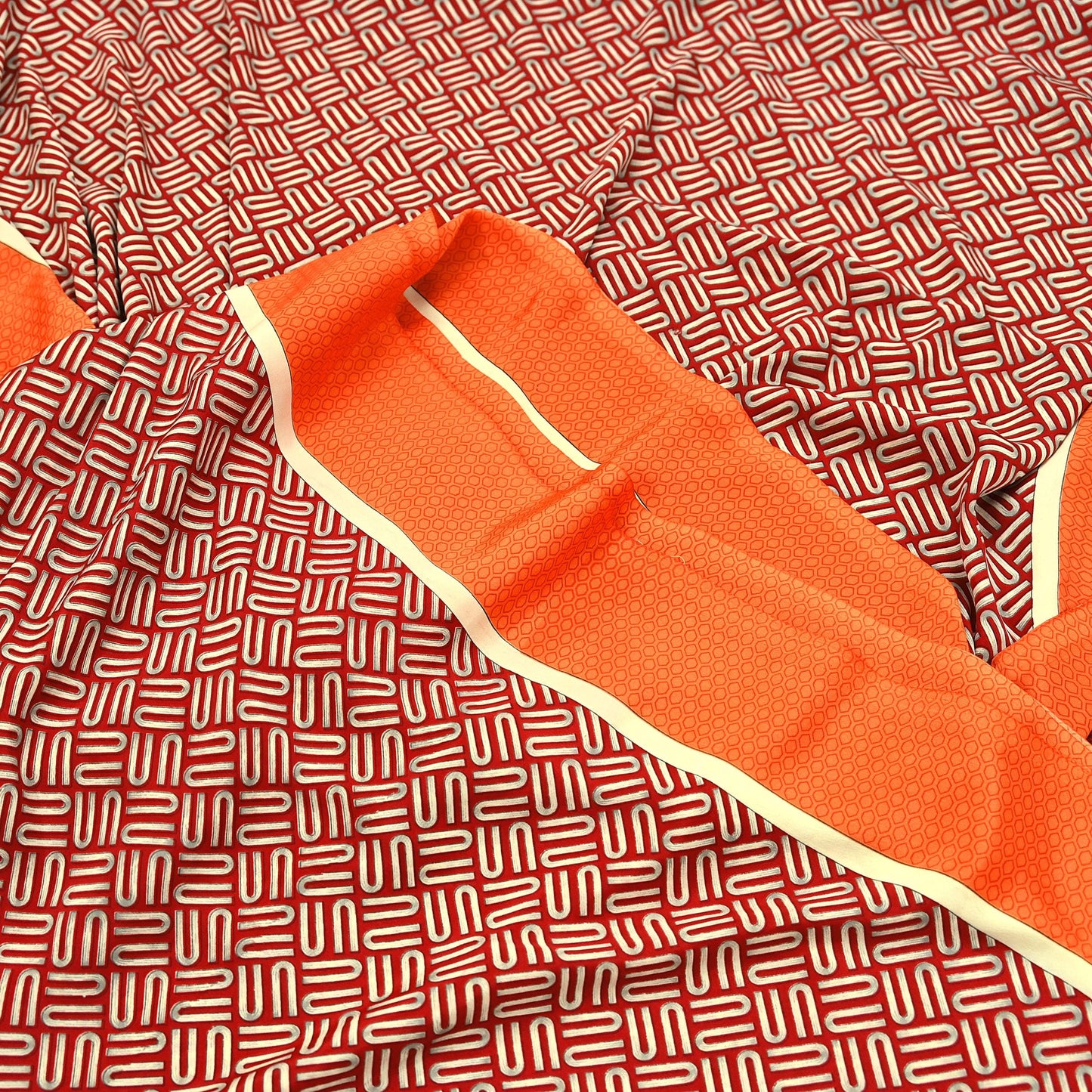 Indian Vintage Sari Orange & Red Moss Crepe Printed Sarees 6yd Craft Fabric Sewing Floral Soft Dressmaking Quilting Crafting Upcycle Used