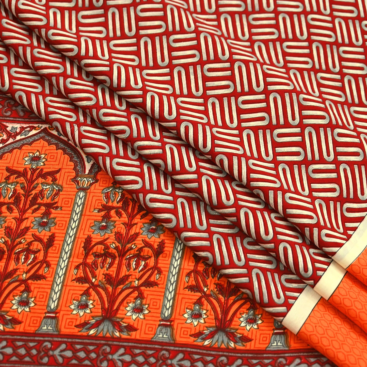 Indian Vintage Sari Orange & Red Moss Crepe Printed Sarees 6yd Craft Fabric Sewing Floral Soft Dressmaking Quilting Crafting Upcycle Used