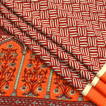 Indian Vintage Sari Orange & Red Moss Crepe Printed Sarees 6yd Craft Fabric Sewing Floral Soft Dressmaking Quilting Crafting Upcycle Used