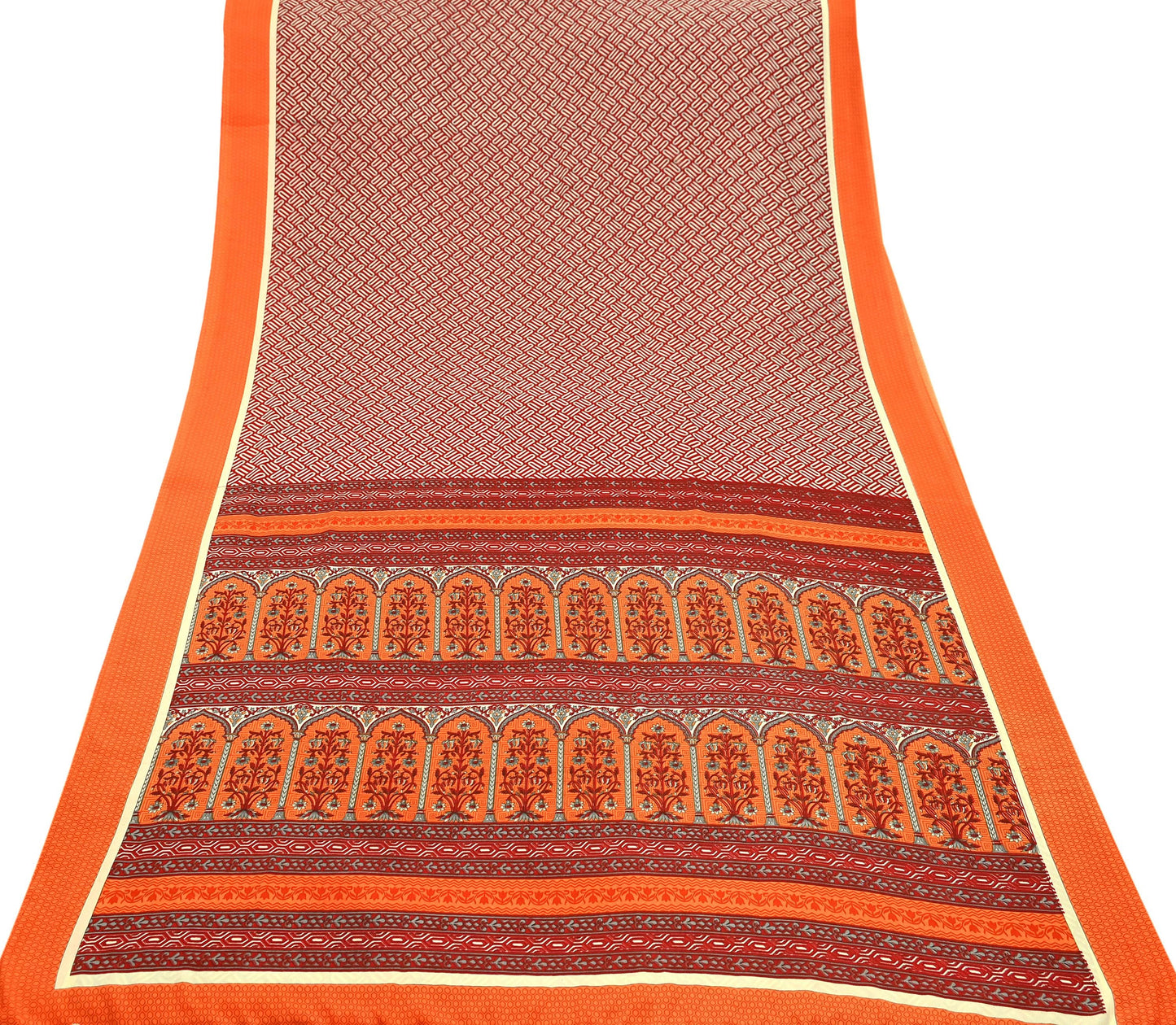 Indian Vintage Sari Orange & Red Moss Crepe Printed Sarees 6yd Craft Fabric Sewing Floral Soft Dressmaking Quilting Crafting Upcycle Used