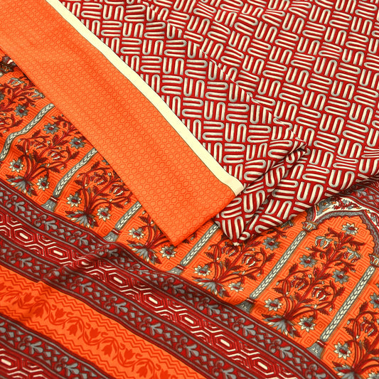 Indian Vintage Sari Orange & Red Moss Crepe Printed Sarees 6yd Craft Fabric Sewing Floral Soft Dressmaking Quilting Crafting Upcycle Used