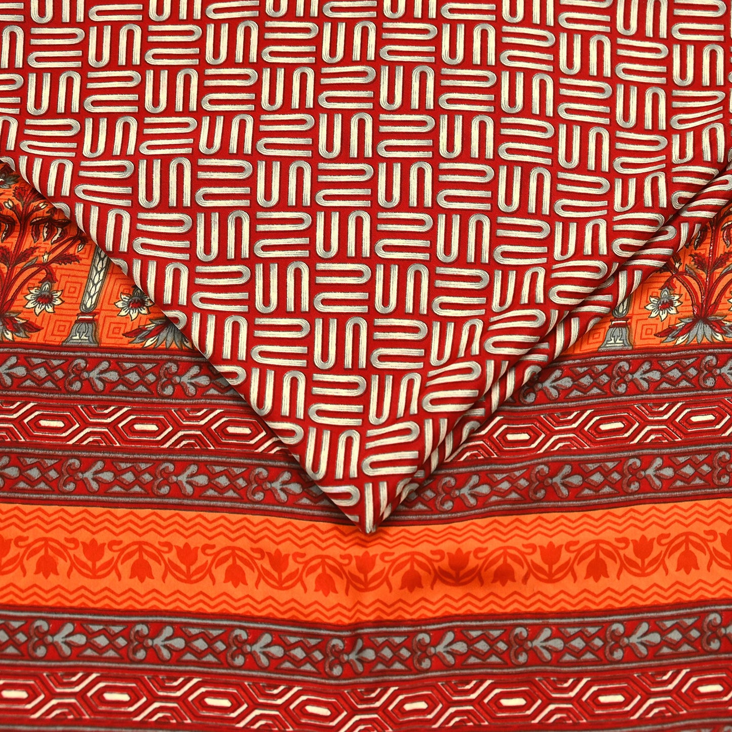 Indian Vintage Sari Orange & Red Moss Crepe Printed Sarees 6yd Craft Fabric Sewing Floral Soft Dressmaking Quilting Crafting Upcycle Used