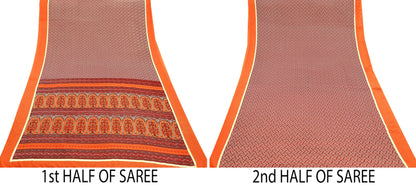 Indian Vintage Sari Orange & Red Moss Crepe Printed Sarees 6yd Craft Fabric Sewing Floral Soft Dressmaking Quilting Crafting Upcycle Used