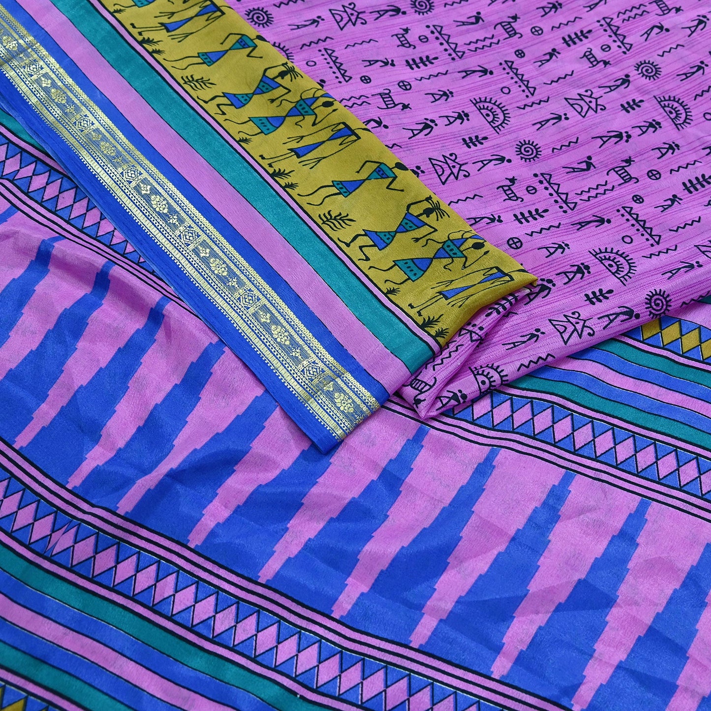 Indian Vintage Saree Pink & Blue Moss Crepe Warli Printed Sari 5yd Sewing Soft Craft Fabric Dressmaking For Crafting Quilting Upcycle
