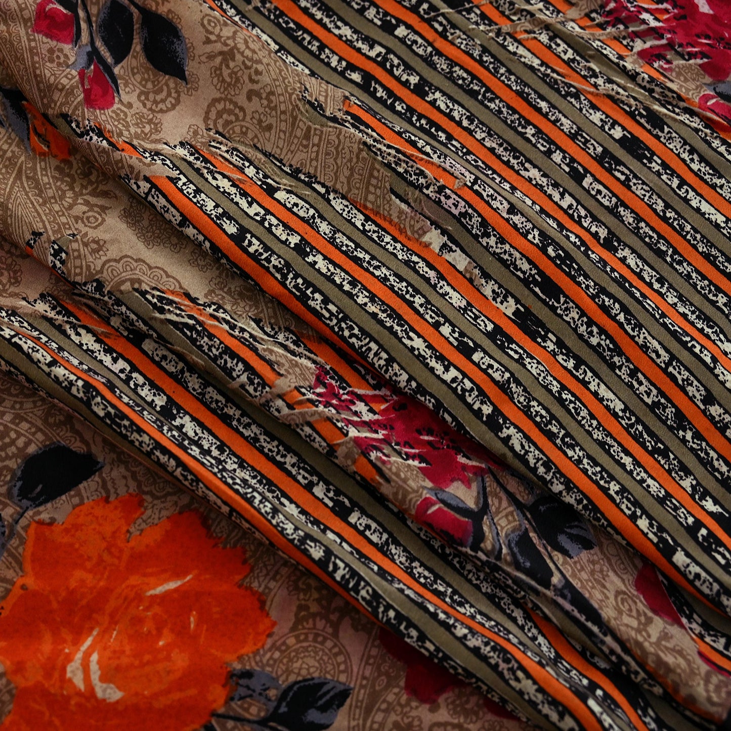 Indian Vintage Sari Brown Pure Crepe Silk Printed Saree 5yd Sewing Floral Soft Craft Fabric Wrap Dress Making For Crafting Quilting Upcycle