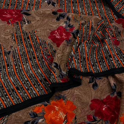 Indian Vintage Sari Brown Pure Crepe Silk Printed Saree 5yd Sewing Floral Soft Craft Fabric Wrap Dress Making For Crafting Quilting Upcycle