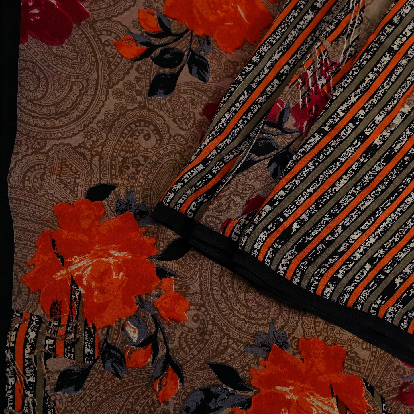 Indian Vintage Sari Brown Pure Crepe Silk Printed Saree 5yd Sewing Floral Soft Craft Fabric Wrap Dress Making For Crafting Quilting Upcycle