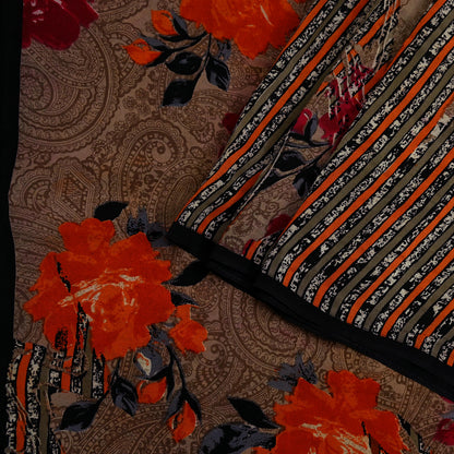 Indian Vintage Sari Brown Pure Crepe Silk Printed Saree 5yd Sewing Floral Soft Craft Fabric Wrap Dress Making For Crafting Quilting Upcycle
