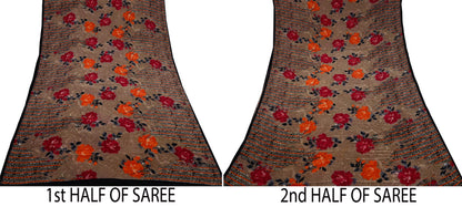 Indian Vintage Sari Brown Pure Crepe Silk Printed Saree 5yd Sewing Floral Soft Craft Fabric Wrap Dress Making For Crafting Quilting Upcycle