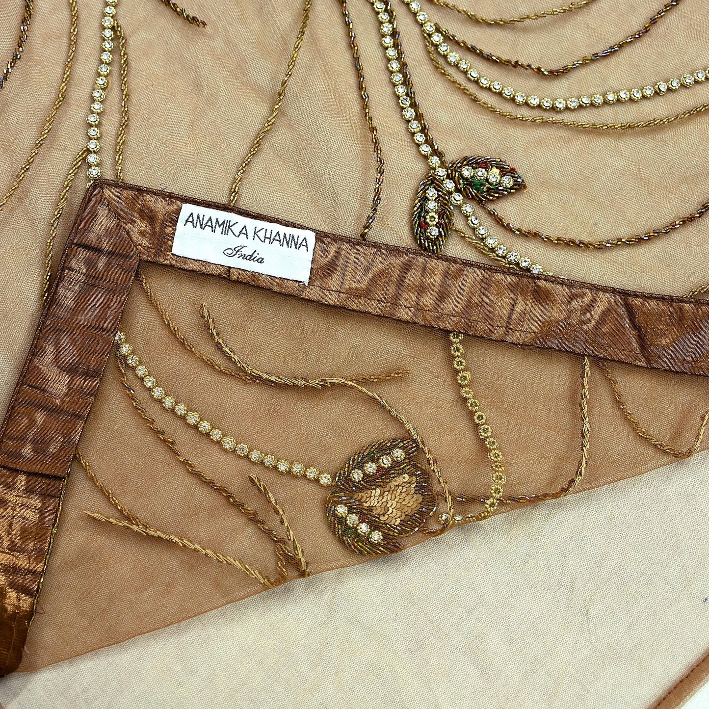 Indian New Sari Brown Net/Mesh Hand Embroidered Anamika Khanna Designer Sarees Ethnic 6Yd Sewing  Zardozi, Zari With Blouse Fabric
