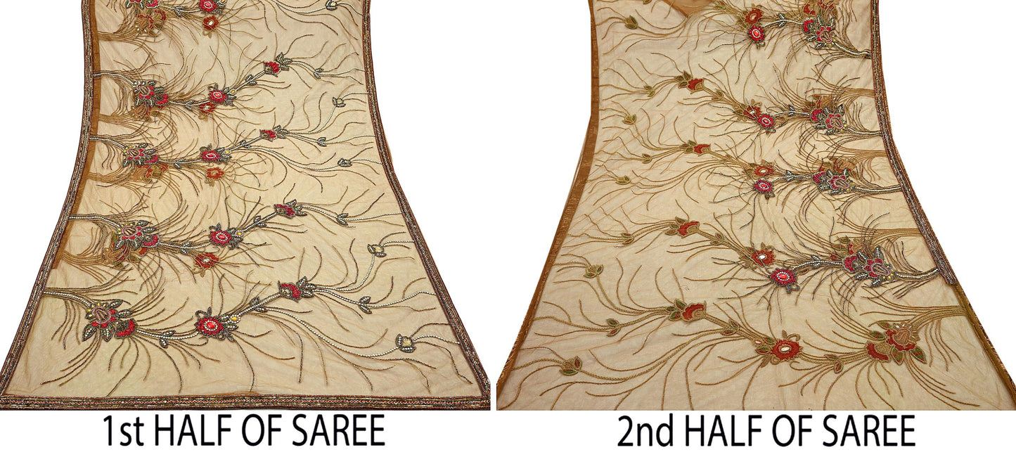 Indian New Sari Brown Net/Mesh Hand Embroidered Anamika Khanna Designer Sarees Ethnic 6Yd Sewing  Zardozi, Zari With Blouse Fabric