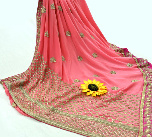 Indian Heavy Sari Peach Pure Georgette Silk Hand Embroidered Sarees Designer Sabyasachi 6Yd Sewing Ethnic Sarees With Blouse Fabric