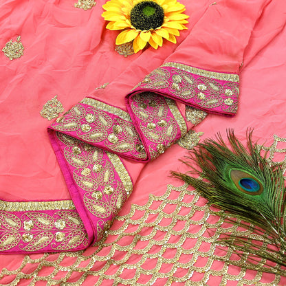 Indian Heavy Sari Peach Pure Georgette Silk Hand Embroidered Sarees Designer Sabyasachi 6Yd Sewing Ethnic Sarees With Blouse Fabric