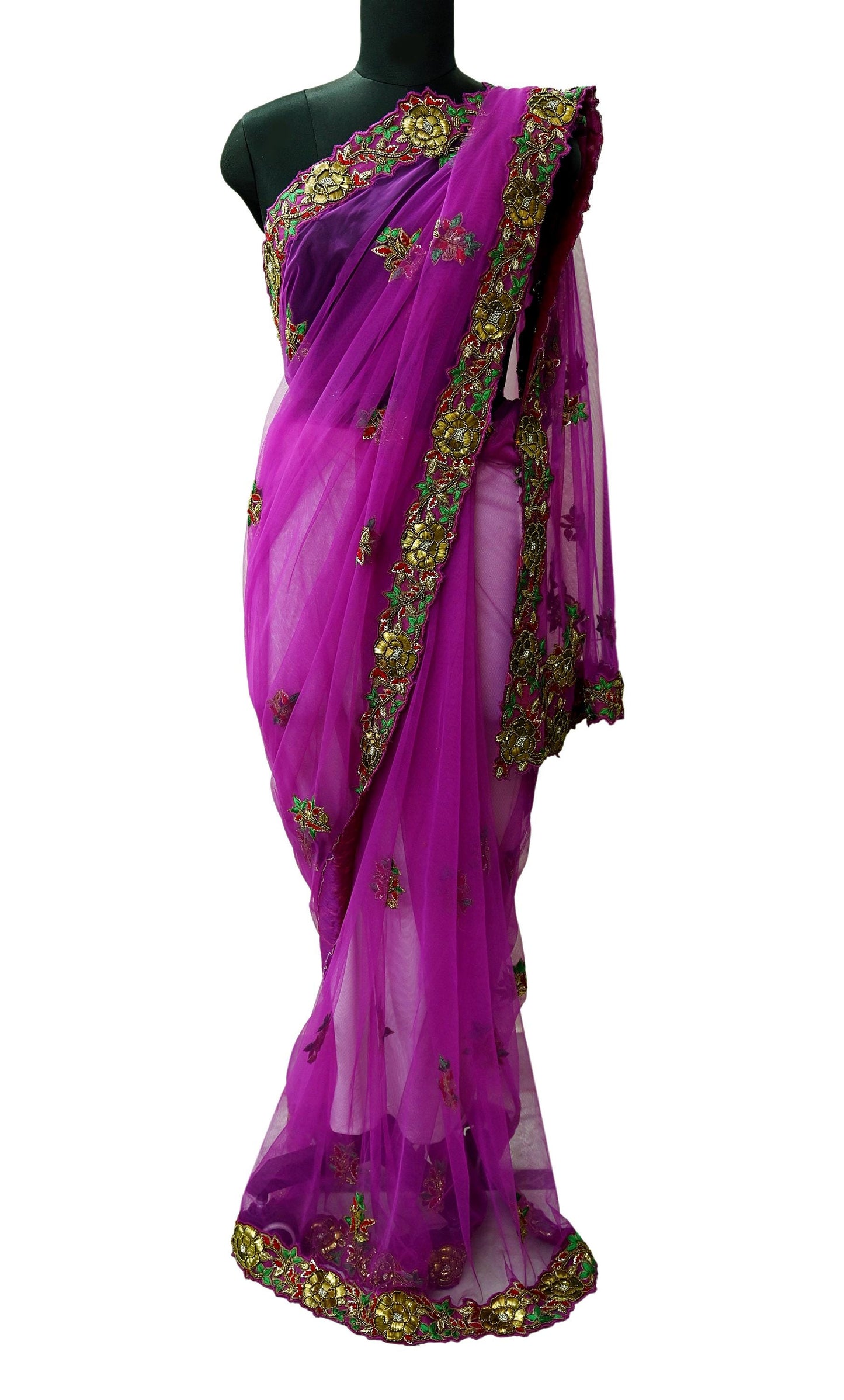 Indian New Heavy Sari Purple Net/Mesh Hand Embroidered Designer Manish Malhotra Sarees 6Yd Ethnic Zardozi/Dabka Zari With Blouse Fabric