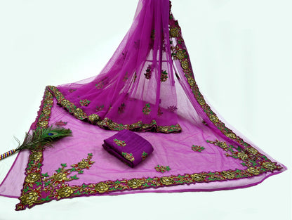 Indian New Heavy Sari Purple Net/Mesh Hand Embroidered Designer Manish Malhotra Sarees 6Yd Ethnic Zardozi/Dabka Zari With Blouse Fabric