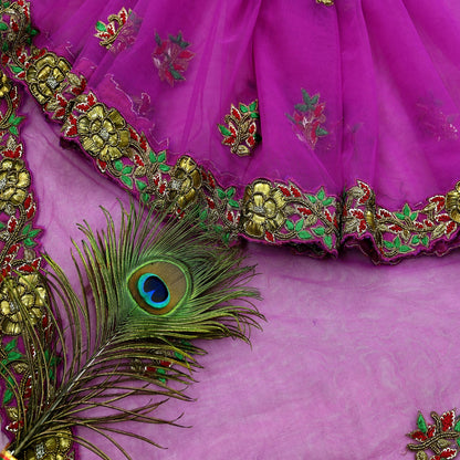 Indian New Heavy Sari Purple Net/Mesh Hand Embroidered Designer Manish Malhotra Sarees 6Yd Ethnic Zardozi/Dabka Zari With Blouse Fabric