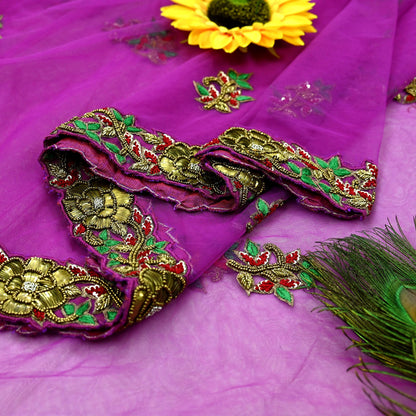 Indian New Heavy Sari Purple Net/Mesh Hand Embroidered Designer Manish Malhotra Sarees 6Yd Ethnic Zardozi/Dabka Zari With Blouse Fabric