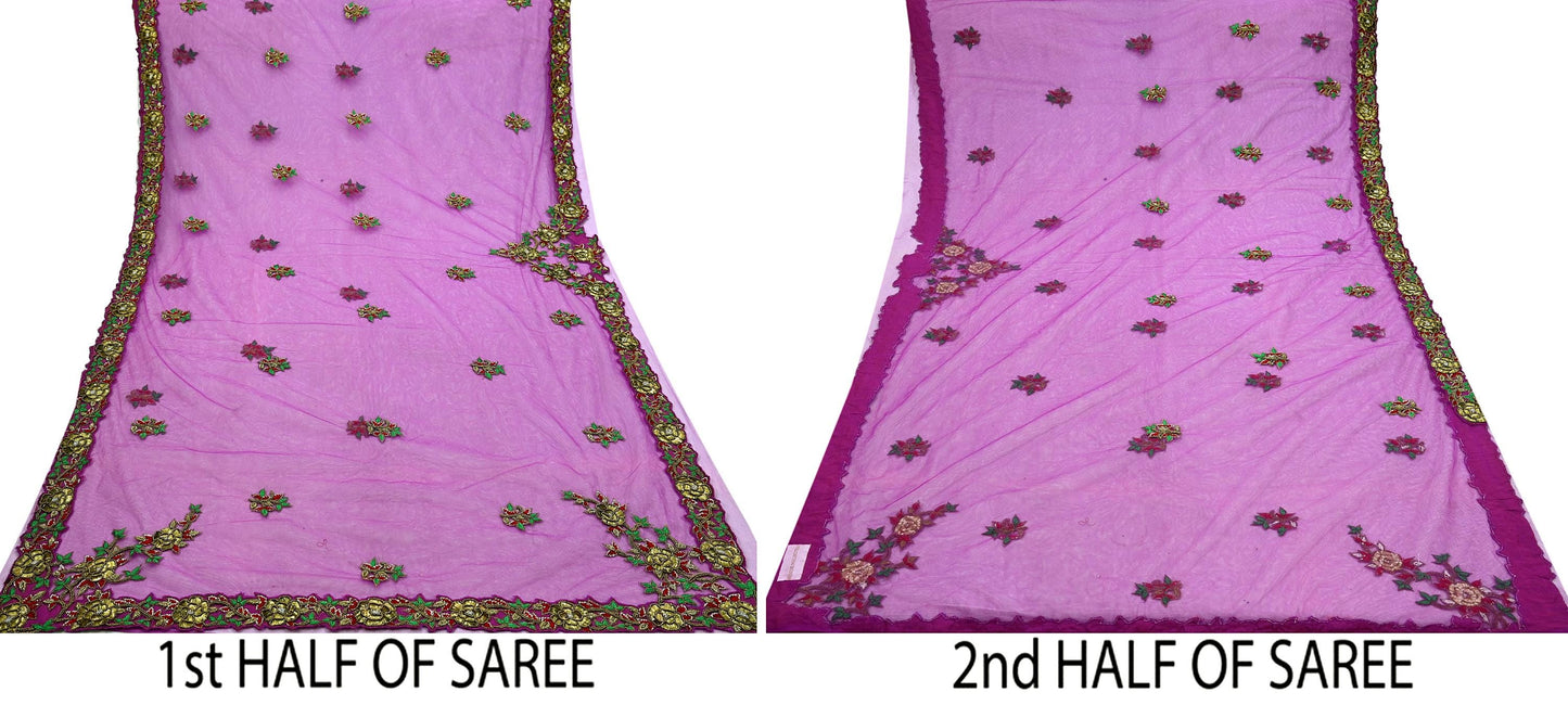 Indian New Heavy Sari Purple Net/Mesh Hand Embroidered Designer Manish Malhotra Sarees 6Yd Ethnic Zardozi/Dabka Zari With Blouse Fabric
