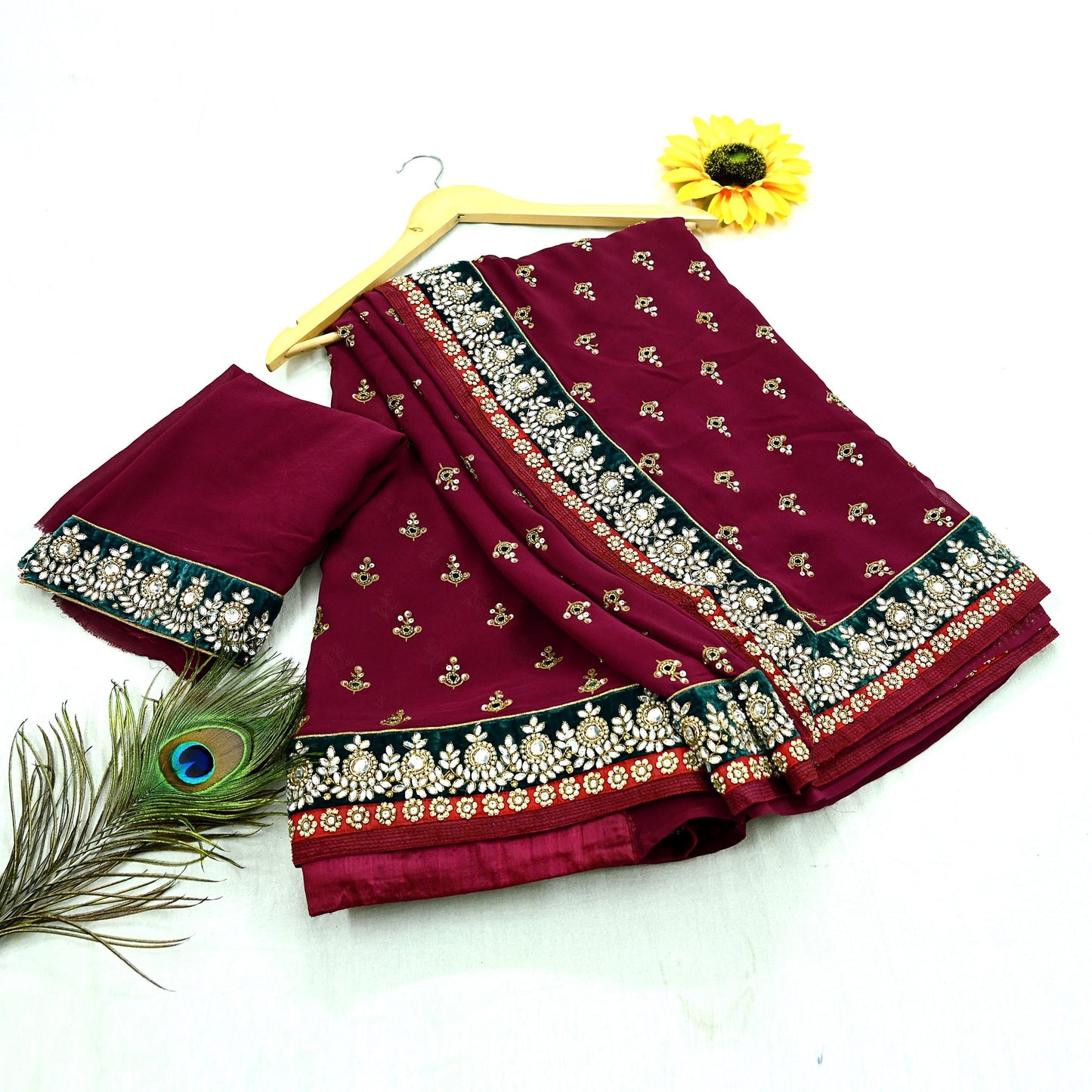 Indian New Sari Maroon Pure Georgette Silk Hand Embroidered Designer Manish Malhotra Sarees Ethnic Zardozi/Dabka Zari With Blouse Fabric
