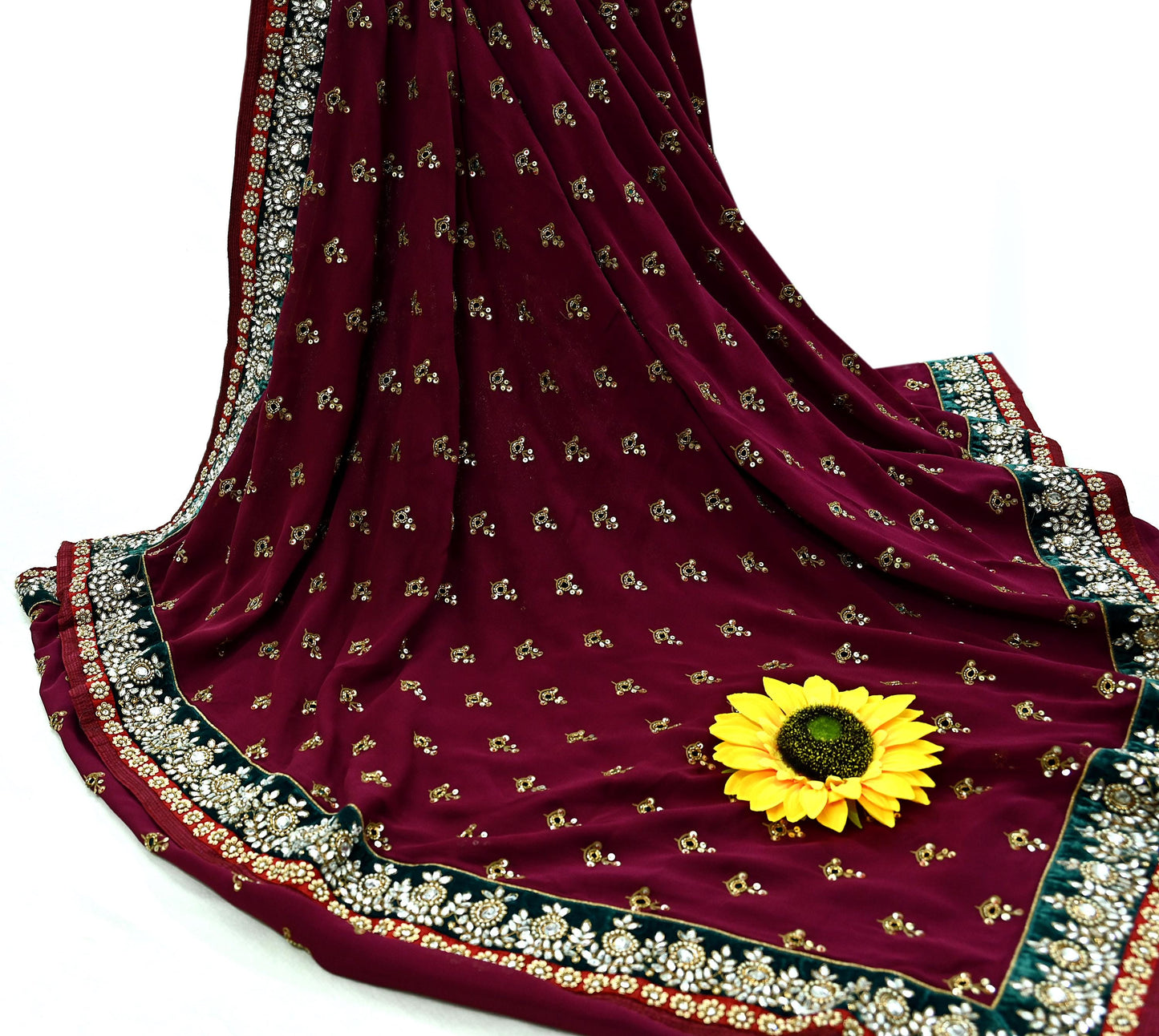 Indian New Sari Maroon Pure Georgette Silk Hand Embroidered Designer Manish Malhotra Sarees Ethnic Zardozi/Dabka Zari With Blouse Fabric